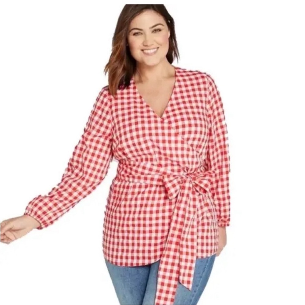 Lane Bryant | Red & White Checkered Gingham Wrap Top Size 26/28 Spring Summer